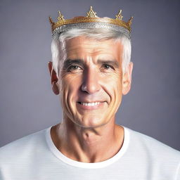 A clean-shaven man with gray hair, dressed in a white tee-shirt and black jeans