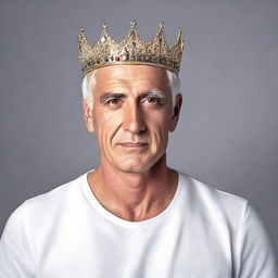 A clean-shaven man with gray hair, dressed in a white tee-shirt and black jeans