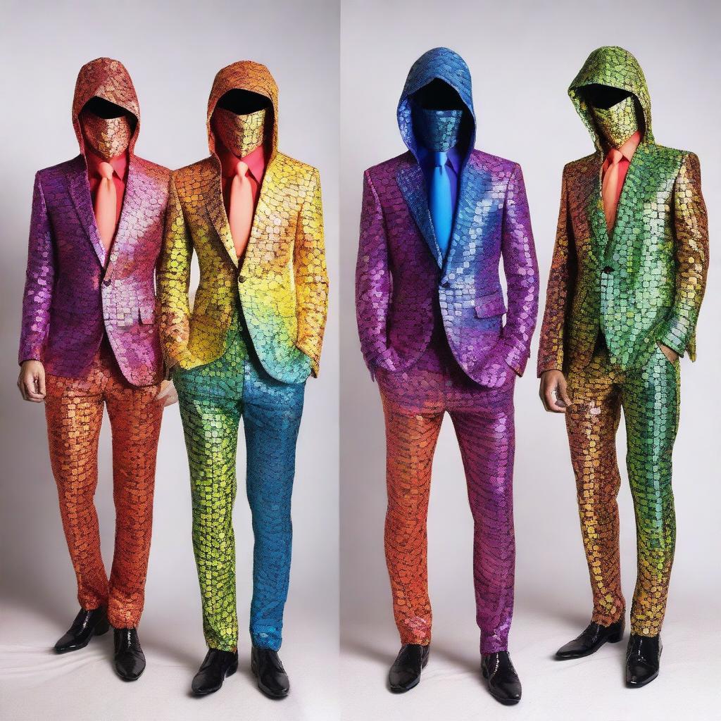 A collection of fancy rainbow suits with a fantasy theme, inspired by Dungeons and Dragons