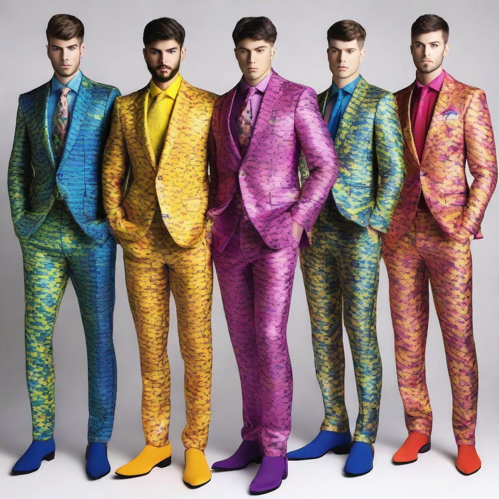 A collection of fancy rainbow suits with a fantasy theme, inspired by Dungeons and Dragons