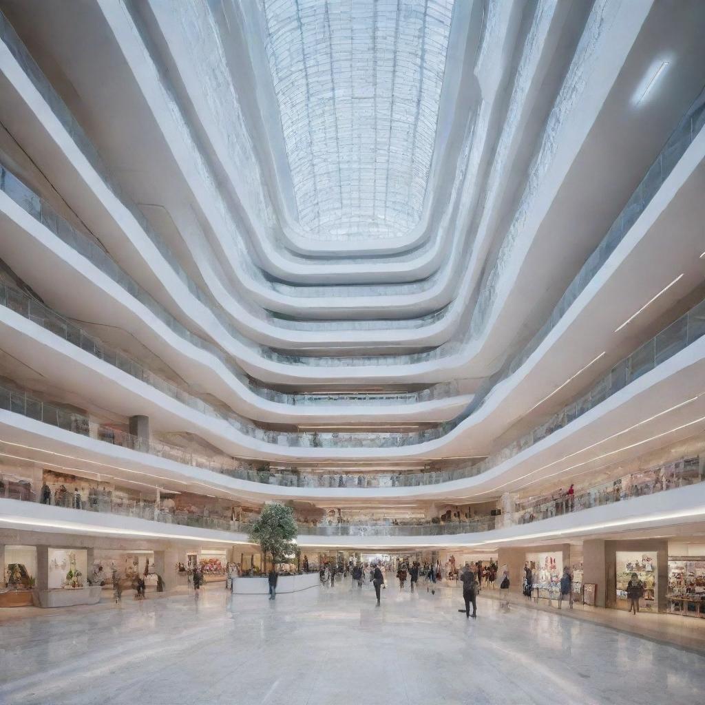 A futuristic shopping and office building design that harmoniously coexists with a dynamic environment, promoting optimal shopping and working experiences.