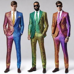 A collection of fancy rainbow suits with a fantasy theme, inspired by Dungeons and Dragons