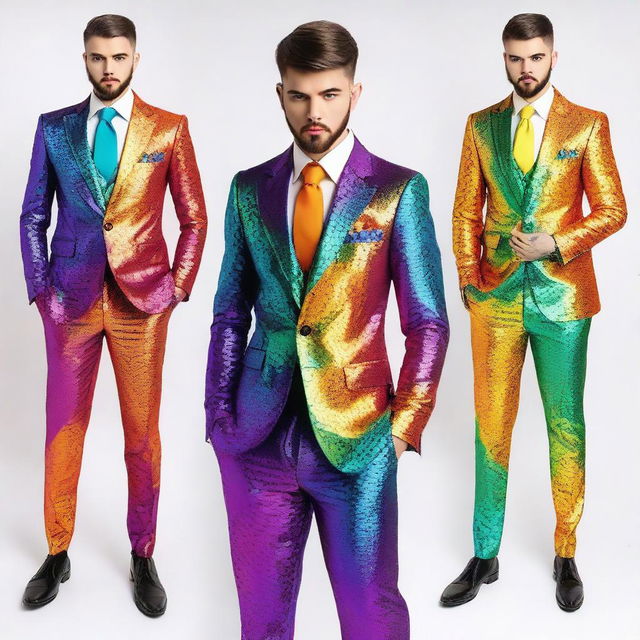 A collection of fancy rainbow suits with a fantasy theme, designed in the style of Dungeons and Dragons