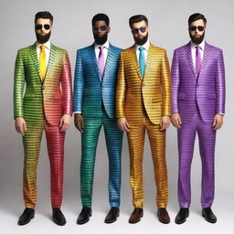 A collection of fancy rainbow suits with a fantasy theme, designed in the style of Dungeons and Dragons