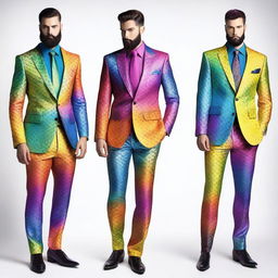 A collection of fancy rainbow suits with a fantasy theme, designed in the style of Dungeons and Dragons