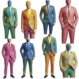 A collection of fancy rainbow suits with a fantasy theme, designed in the style of Dungeons and Dragons