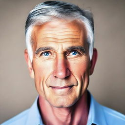 A fit, clean-shaven man with gray hair and dark blue eyes