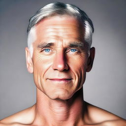 A fit, clean-shaven man with gray hair and dark blue eyes