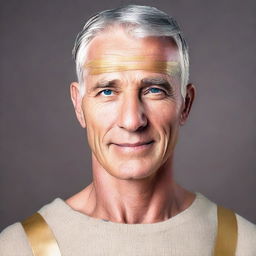 A fit, clean-shaven man with gray hair and dark blue eyes