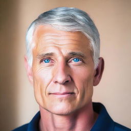 A fit, clean-shaven man with gray hair and dark blue eyes