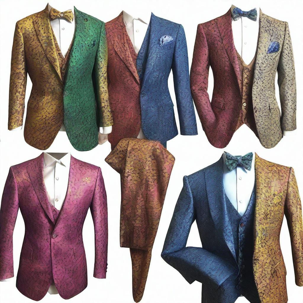 A collection of fancy suits with splotchy, multicolored designs, inspired by the fantasy world of Dungeons and Dragons