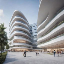 A futuristic shopping and office building design that harmoniously coexists with a dynamic environment, promoting optimal shopping and working experiences.