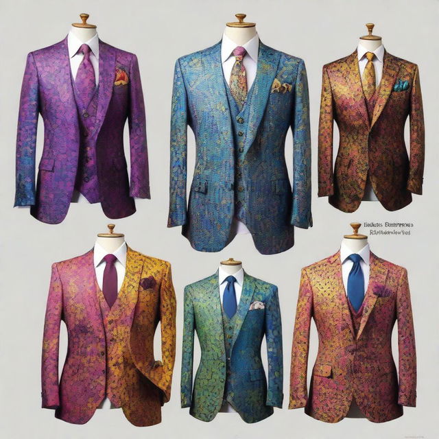 A collection of fancy suits with splotchy, multicolored designs, inspired by the fantasy world of Dungeons and Dragons