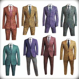 A collection of fancy suits with splotchy, multicolored designs, inspired by the fantasy world of Dungeons and Dragons