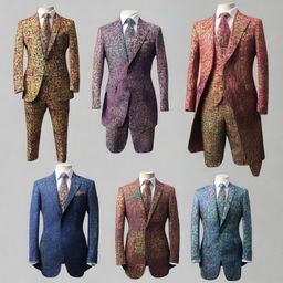 A collection of fancy suits with splotchy, multicolored designs, inspired by the fantasy world of Dungeons and Dragons