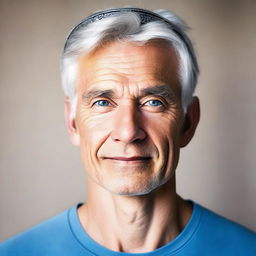 A fit, clean-shaven man with gray hair and dark blue eyes