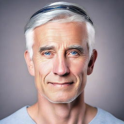 A fit, clean-shaven man with gray hair and dark blue eyes