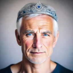 A fit, clean-shaven man with gray hair and dark blue eyes