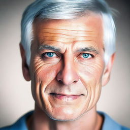 A fit, clean-shaven man with gray hair and dark blue eyes