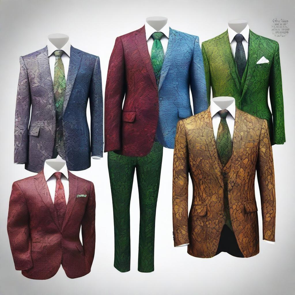 A collection of elegant suits with splotchy paint designs, inspired by the fantasy world of Dungeons and Dragons