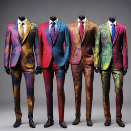 A collection of elegant suits with splotchy paint designs, inspired by the fantasy world of Dungeons and Dragons