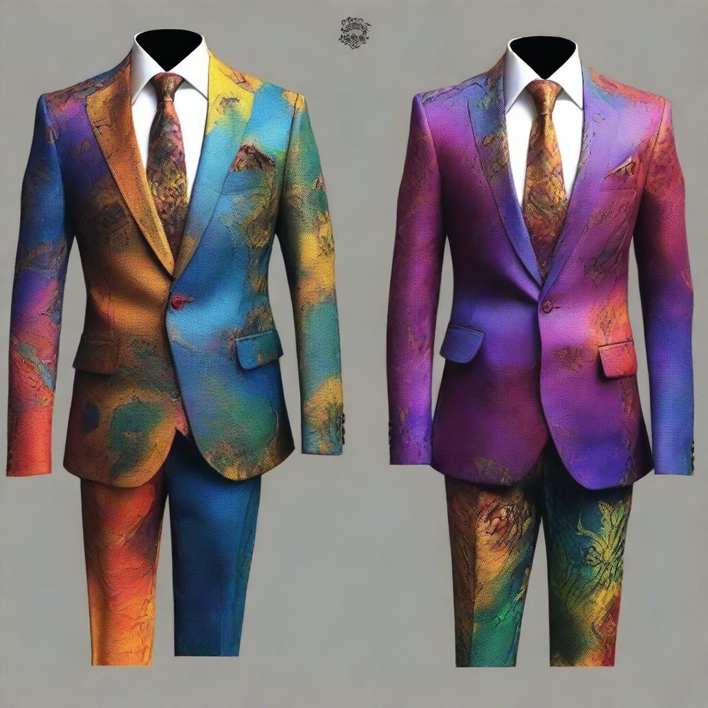 A collection of elegant suits with splotchy paint designs, inspired by the fantasy world of Dungeons and Dragons