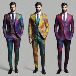 A collection of elegant suits with splotchy paint designs, inspired by the fantasy world of Dungeons and Dragons