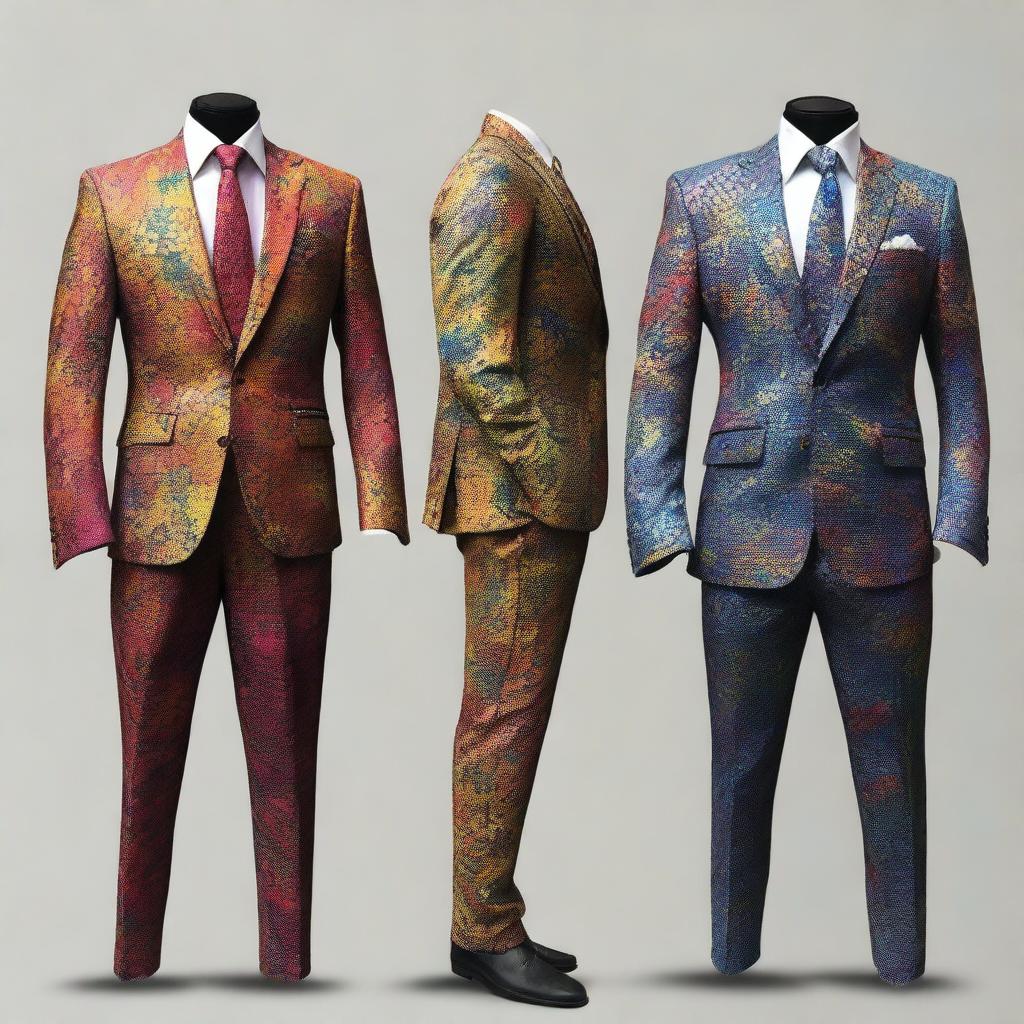 A collection of elegant suits with splotchy paint designs, inspired by the fantasy world of Dungeons and Dragons