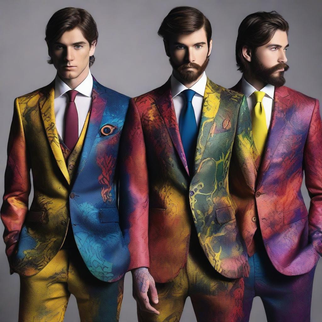 A collection of elegant suits with splotchy paint designs, inspired by the fantasy world of Dungeons and Dragons