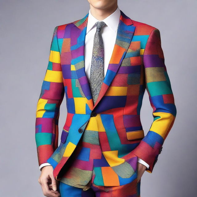 A single, elegant suit featuring a multi-colored design