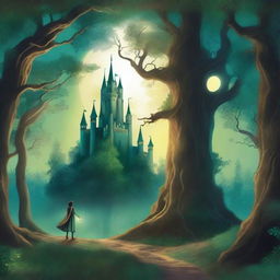 A captivating book cover featuring a mystical forest with towering ancient trees, a hidden path leading to an enchanted castle in the distance, and a glowing full moon illuminating the scene