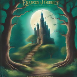 A captivating book cover featuring a mystical forest with towering ancient trees, a hidden path leading to an enchanted castle in the distance, and a glowing full moon illuminating the scene