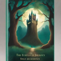 A captivating book cover featuring a mystical forest with towering ancient trees, a hidden path leading to an enchanted castle in the distance, and a glowing full moon illuminating the scene