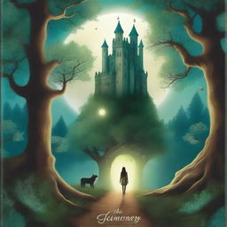 A captivating book cover featuring a mystical forest with towering ancient trees, a hidden path leading to an enchanted castle in the distance, and a glowing full moon illuminating the scene