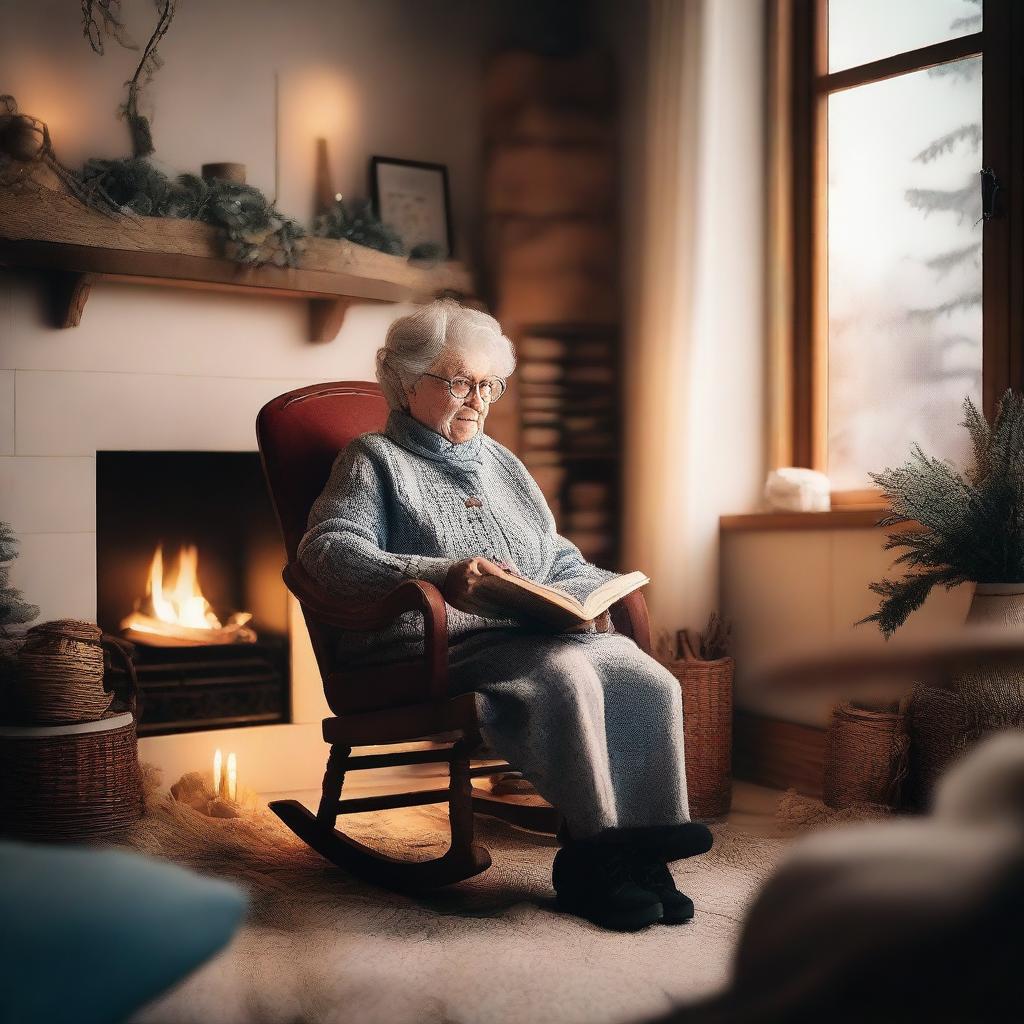 A warm and cozy scene featuring a loving grandma sitting in a rocking chair, holding a bag filled with magical stories