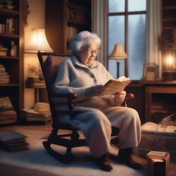 A warm and cozy scene featuring a loving grandma sitting in a rocking chair, holding a bag filled with magical stories