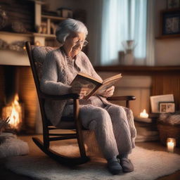 A warm and cozy scene featuring a loving grandma sitting in a rocking chair, holding a bag filled with magical stories