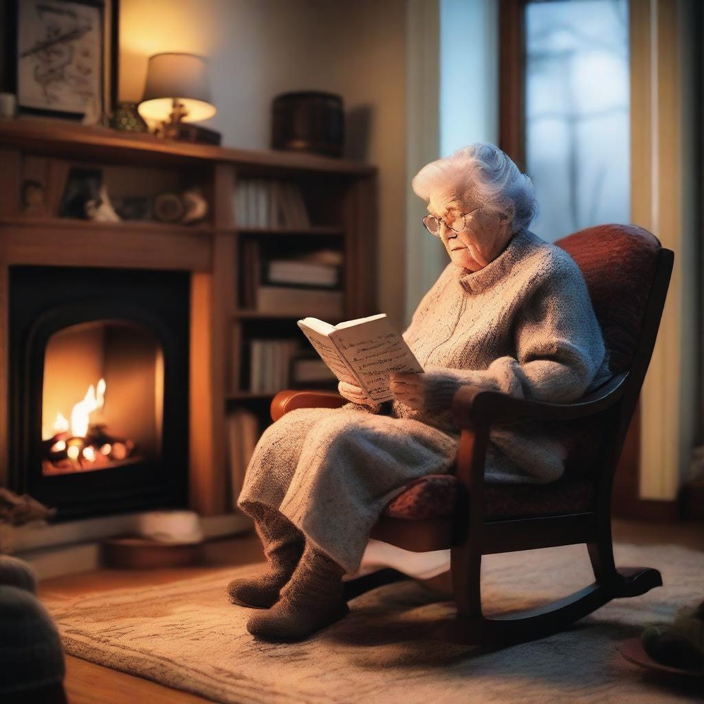 A warm and cozy scene featuring a loving grandma sitting in a rocking chair, holding a bag filled with magical stories