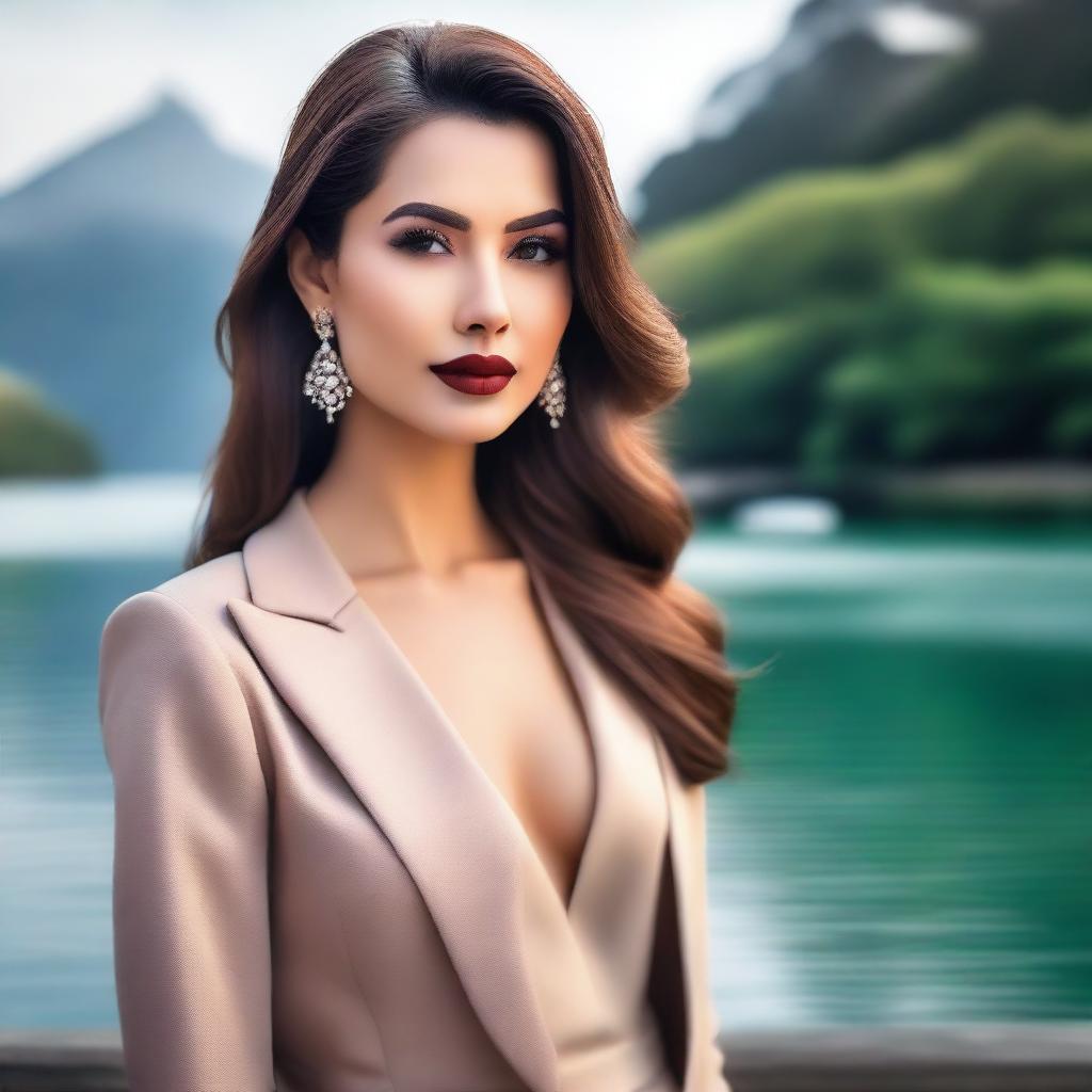 A beautiful woman with striking features, dressed in elegant attire, standing confidently in a scenic background