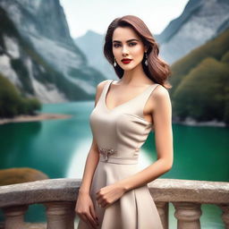 A beautiful woman with striking features, dressed in elegant attire, standing confidently in a scenic background