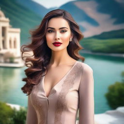 A beautiful woman with striking features, dressed in elegant attire, standing confidently in a scenic background