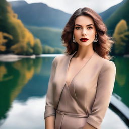 A beautiful woman with striking features, dressed in elegant attire, standing confidently in a scenic background