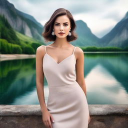 A beautiful woman with striking features, dressed in elegant attire, standing confidently in a scenic background