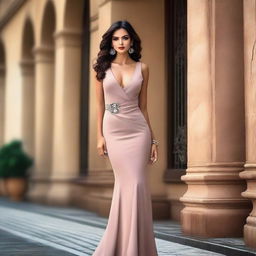 A stunning woman with an alluring presence, dressed in stylish and fashionable attire