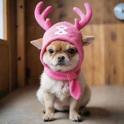 A real life interpretation of Tony Tony Chopper from One Piece; an adorable, fluffy reindeer with a bright pink hat, standing curiously inside a rustic wooden veterinary clinic.