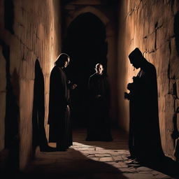 A dark and atmospheric scene showing shadows of vampires and humans interacting