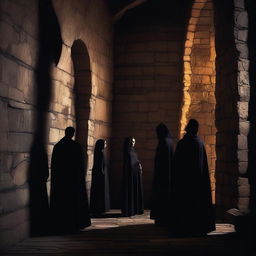 A dark and atmospheric scene showing shadows of vampires and humans interacting