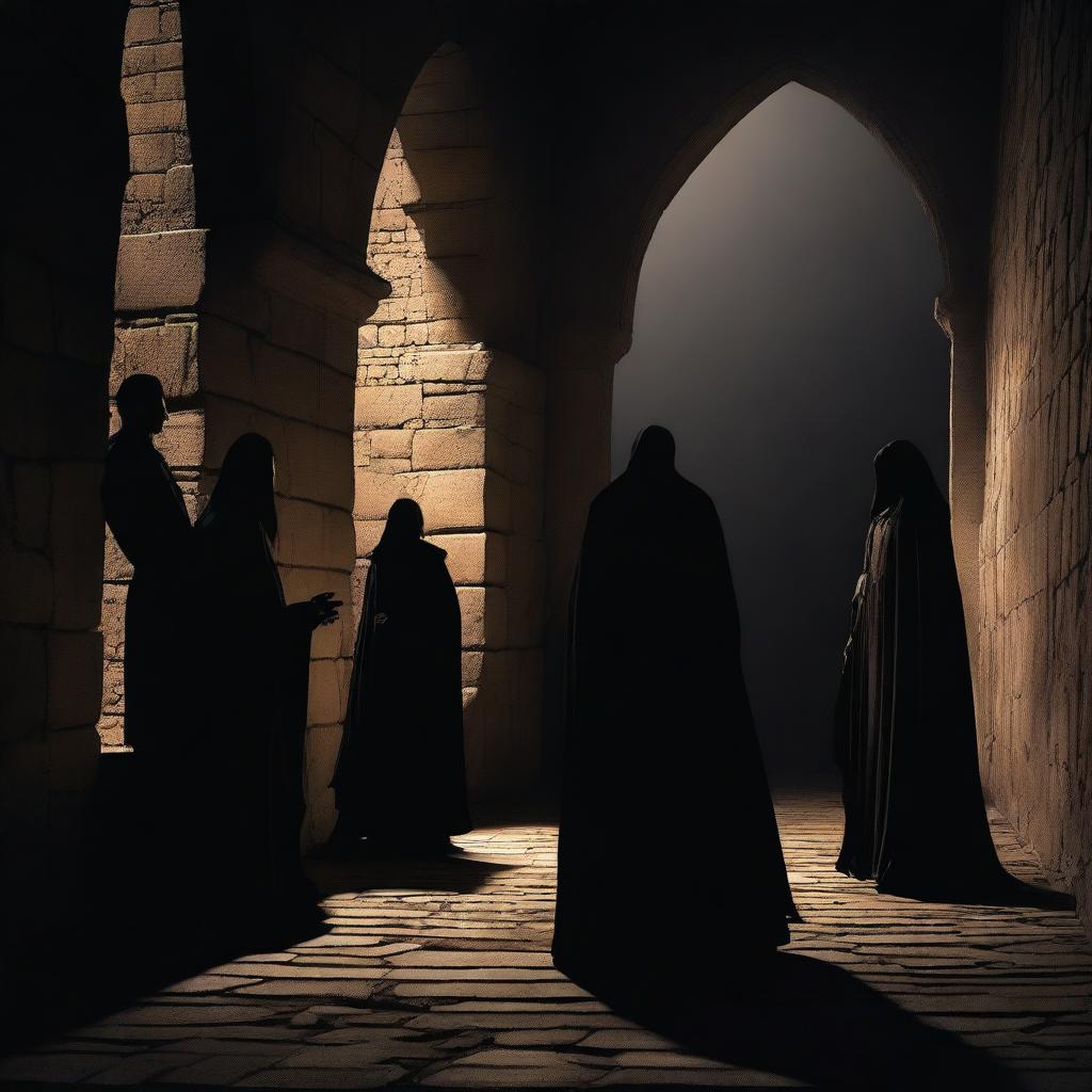 A dark and atmospheric scene showing shadows of vampires and humans interacting