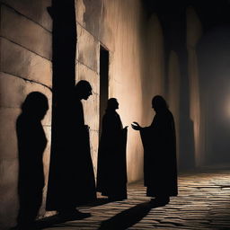 A dark and atmospheric scene showing shadows of vampires and humans interacting