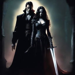 A brave woman holding a glowing holy sword stands determinedly, with a vampire man lurking menacingly behind her